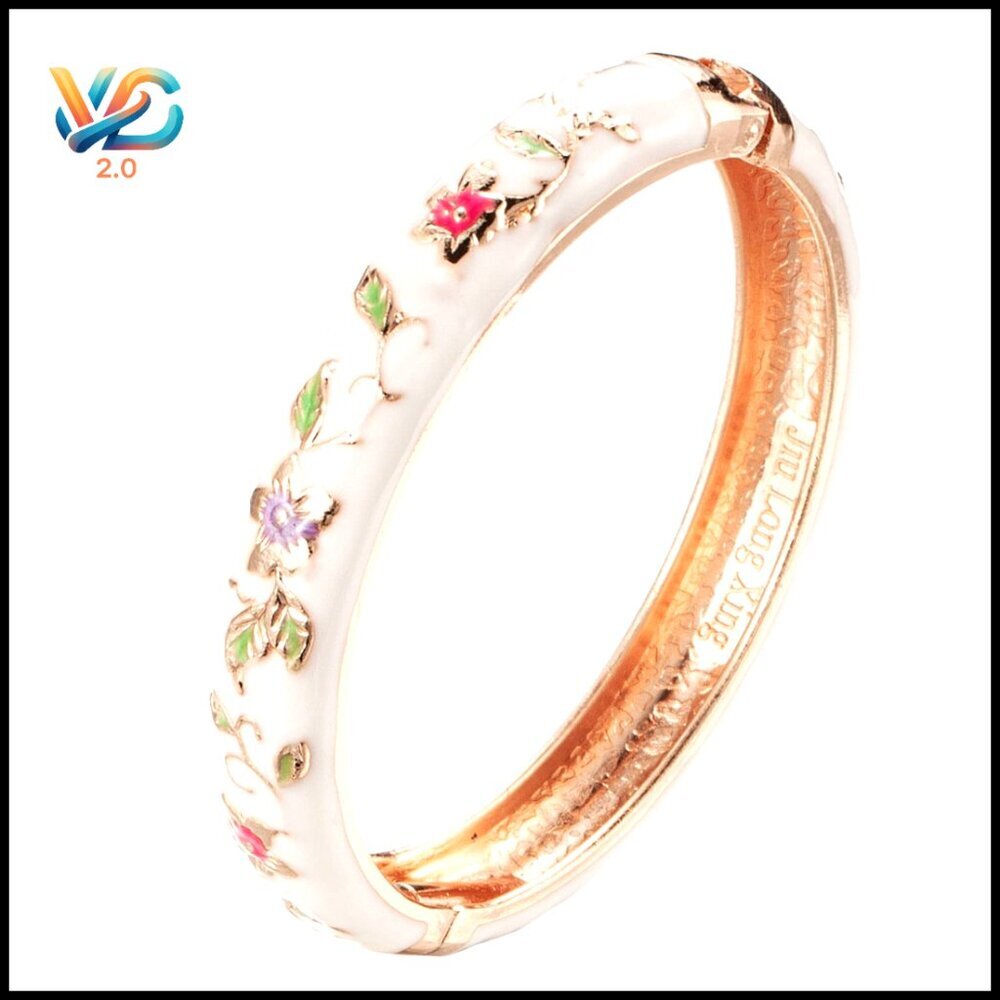 Vintage Enamel Hinged Bangle‎ Bracelet, Alloy Metal, Floral Design, Spring Clasp